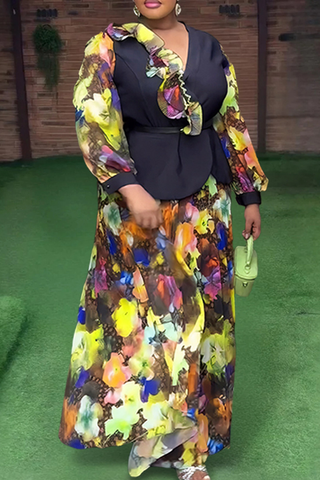 Green Casual Print With Belt Stringy Selvedge V Neck Plus Size Two Pieces