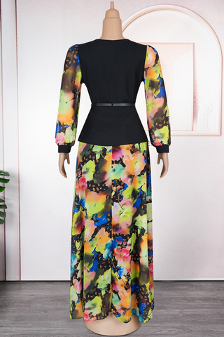 Green Casual Print With Belt Stringy Selvedge V Neck Plus Size Two Pieces