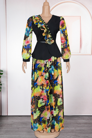 Green Casual Print With Belt Stringy Selvedge V Neck Plus Size Two Pieces