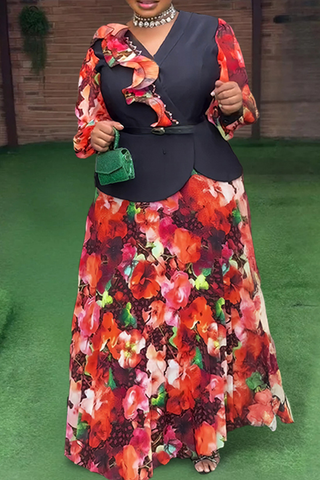 Green Casual Print With Belt Stringy Selvedge V Neck Plus Size Two Pieces