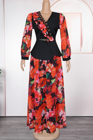 Green Casual Print With Belt Stringy Selvedge V Neck Plus Size Two Pieces