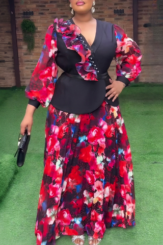 Green Casual Print With Belt Stringy Selvedge V Neck Plus Size Two Pieces