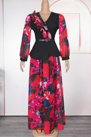 Green Casual Print With Belt Stringy Selvedge V Neck Plus Size Two Pieces