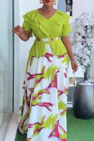 Lemon Yellow Elegant Print With Belt V Neck Long Plus Size Dresses