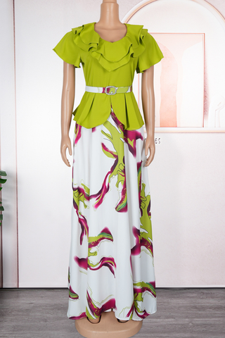 Lemon Yellow Elegant Print With Belt V Neck Long Plus Size Dresses