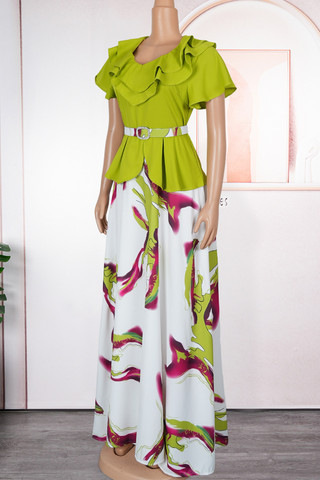 Lemon Yellow Elegant Print With Belt V Neck Long Plus Size Dresses