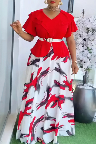 Lemon Yellow Elegant Print With Belt V Neck Long Plus Size Dresses