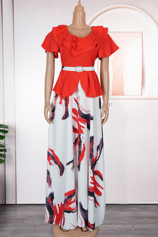 Lemon Yellow Elegant Print With Belt V Neck Long Plus Size Dresses