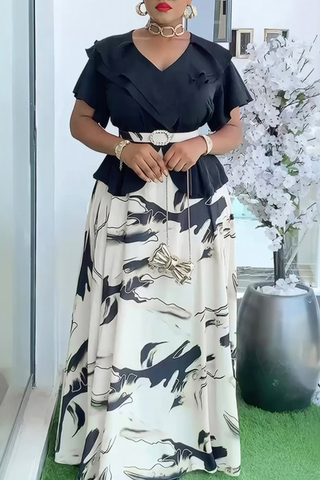 Lemon Yellow Elegant Print With Belt V Neck Long Plus Size Dresses