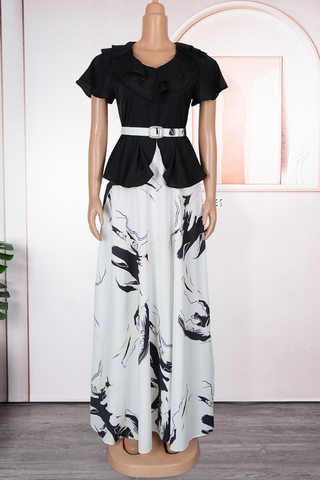 Lemon Yellow Elegant Print With Belt V Neck Long Plus Size Dresses