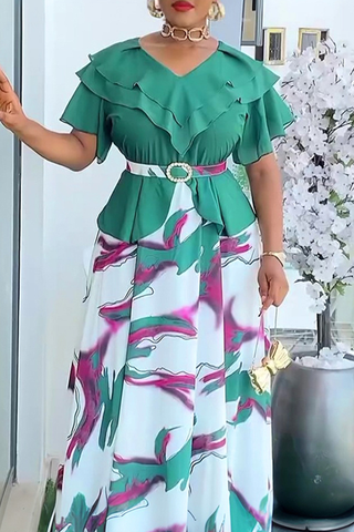 Lemon Yellow Elegant Print With Belt V Neck Long Plus Size Dresses