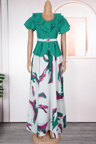 Lemon Yellow Elegant Print With Belt V Neck Long Plus Size Dresses