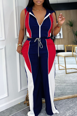 Tibetan Blue Casual Zipper Contrast Zipper Collar Sleeveless Two Pieces