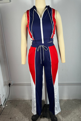 Tibetan Blue Casual Zipper Contrast Zipper Collar Sleeveless Two Pieces