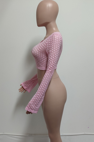 Pink Sexy Solid Color Lace See-Through O Neck Tops