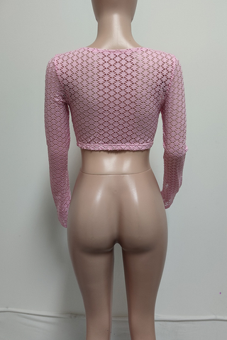 Pink Sexy Solid Color Lace See-Through O Neck Tops