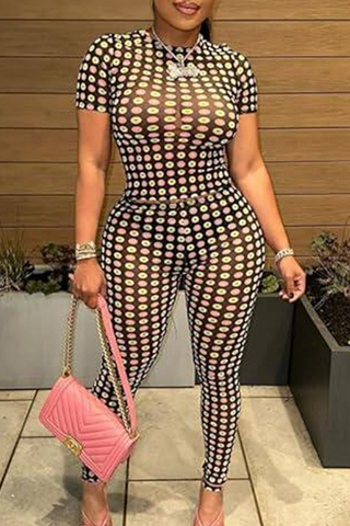 Black Sexy Print See-Through O Neck Short Sleeve Two Pieces