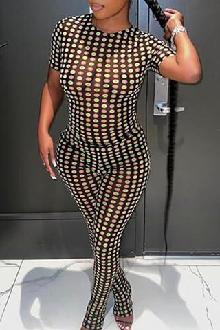 Black Sexy Print See-Through O Neck Short Sleeve Two Pieces