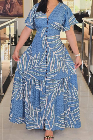 Sky Blue Elegant Print Buckle V Neck Long Dresses