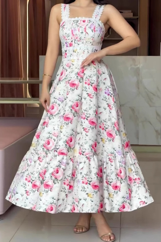 White Elegant Print Backless Spaghetti Strap Long Dresses