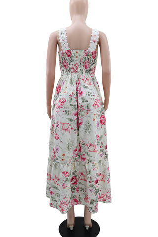 White Elegant Print Backless Spaghetti Strap Long Dresses