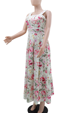 White Elegant Print Backless Spaghetti Strap Long Dresses