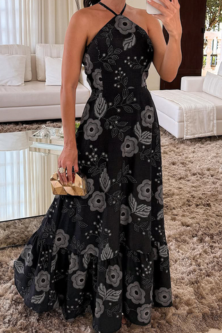 Black Sexy Print Backless Halter Long Dresses