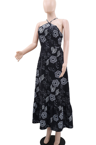 Black Sexy Print Backless Halter Long Dresses