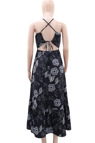 Black Sexy Print Backless Halter Long Dresses