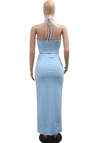 Blue Sexy Solid Color Flounce Flower Shape Halter Sleeveless Two Pieces