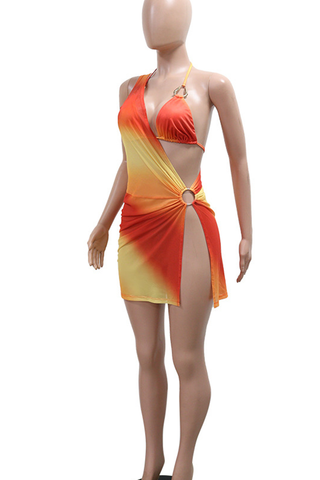 Orange Sexy Gradient Backless Strap Design Spaghetti Strap Sleeveless Two Pieces