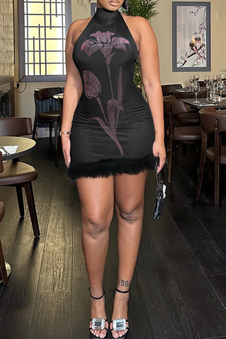 Black Sexy Flowers Backless Hot Drill O Neck Wrapped Skirt Dresses