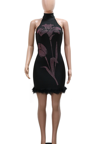 Black Sexy Flowers Backless Hot Drill O Neck Wrapped Skirt Dresses