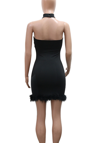 Black Sexy Flowers Backless Hot Drill O Neck Wrapped Skirt Dresses