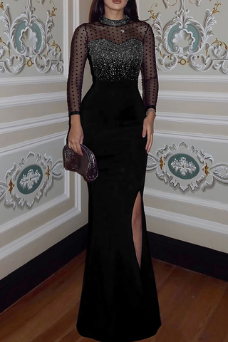 Black Prom Solid Color Hot Drill O Neck Long Dresses