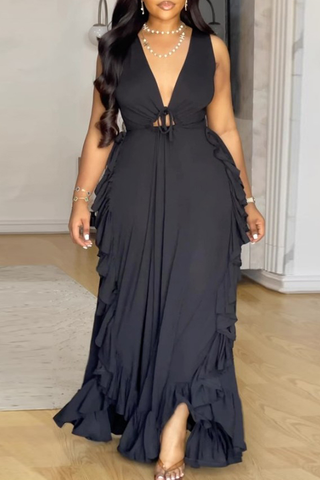 Black Sexy Solid Color Strap Design Ruffled Trim V Neck Long Plus Size Dresses