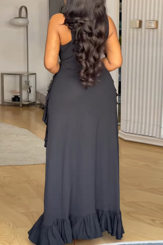 Black Sexy Solid Color Strap Design Ruffled Trim V Neck Long Plus Size Dresses