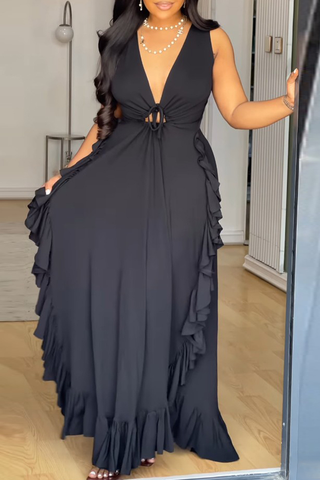 Black Sexy Solid Color Strap Design Ruffled Trim V Neck Long Plus Size Dresses