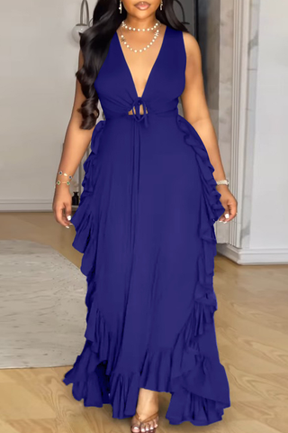 Black Sexy Solid Color Strap Design Ruffled Trim V Neck Long Plus Size Dresses