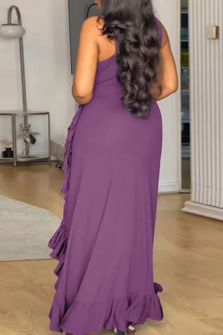 Black Sexy Solid Color Strap Design Ruffled Trim V Neck Long Plus Size Dresses