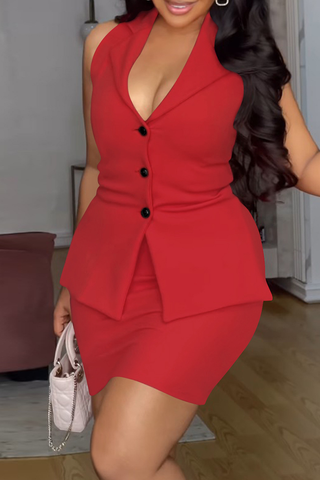 Red Sexy Solid Color Buckle V Neck Plus Size Two Pieces