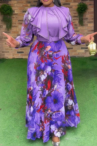 Purple Elegant Print With Belt Zipper Flounce O Neck Long Plus Size Dresses
