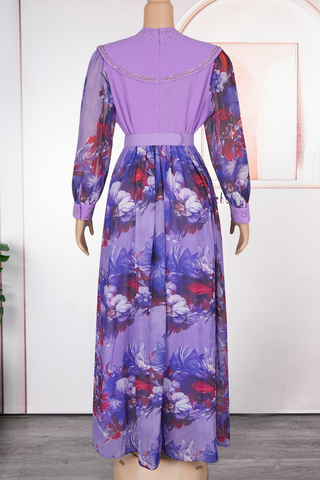 Purple Elegant Print With Belt Zipper Flounce O Neck Long Plus Size Dresses