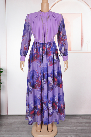 Purple Elegant Print With Belt Zipper Flounce O Neck Long Plus Size Dresses