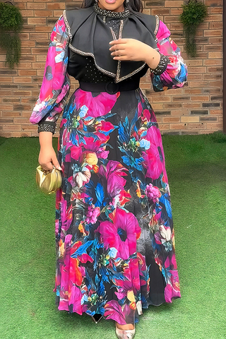 Purple Elegant Print With Belt Zipper Flounce O Neck Long Plus Size Dresses