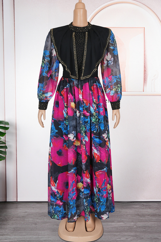 Purple Elegant Print With Belt Zipper Flounce O Neck Long Plus Size Dresses