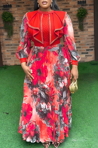 Purple Elegant Print With Belt Zipper Flounce O Neck Long Plus Size Dresses