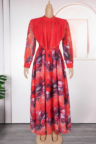 Purple Elegant Print With Belt Zipper Flounce O Neck Long Plus Size Dresses