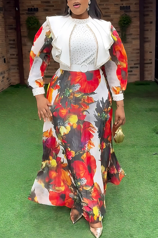 Purple Elegant Print With Belt Zipper Flounce O Neck Long Plus Size Dresses