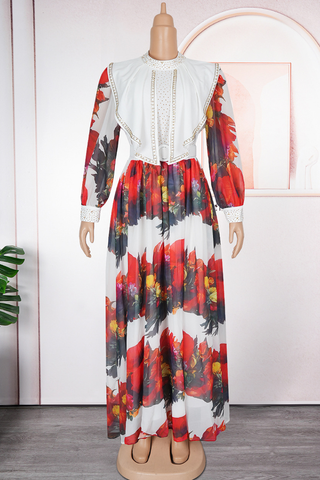 Purple Elegant Print With Belt Zipper Flounce O Neck Long Plus Size Dresses